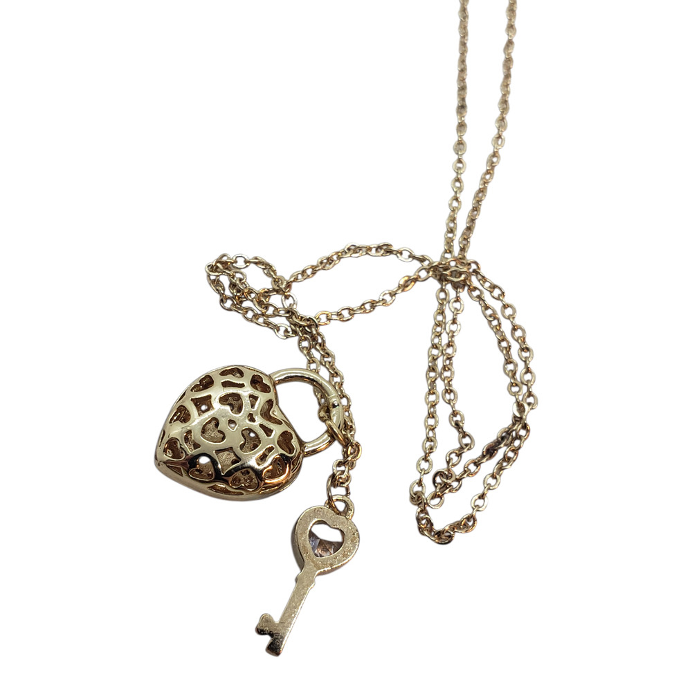 14k Gold Plated Heart Lock & Key Pendant Necklace Rhinestones Love Charm Gift - Picture 10 of 10